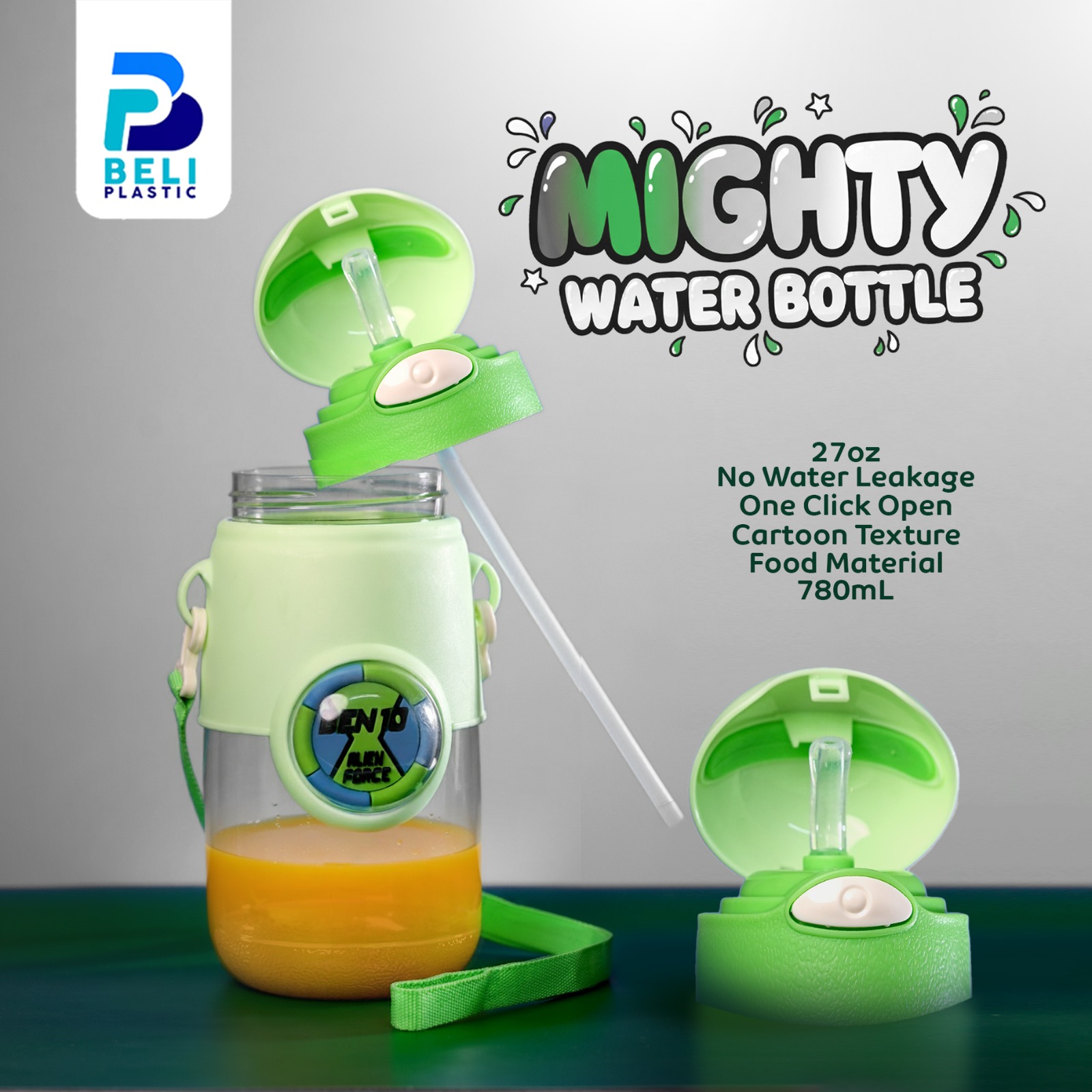 Mighty Water Bottle 27oz/780ml ,one click open,no water leakage,food- grade material, cartoon texture for school going kids or other outdoor activities