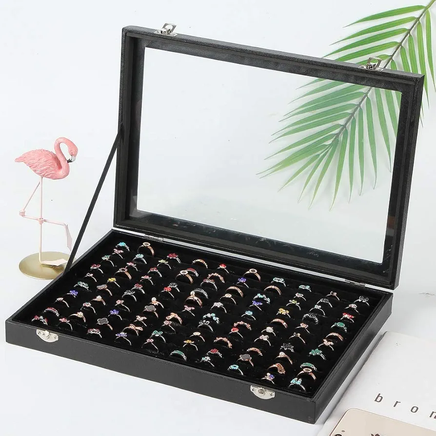 Ring Case, 100 Slot Ring Box Storage Organizer Jewelry Ring Display Case  color Black