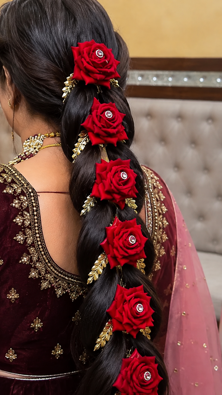 Red / maroon Rose Bridal Hair Paranda – Artificial Floral Gajra Braid Accessory with Golden Leaves & Rhinestone Detail