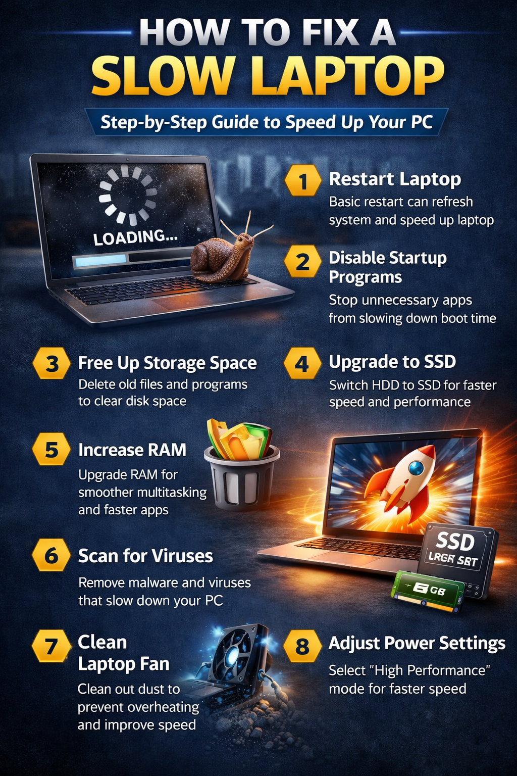 Infographic showing steps to fix slow laptop including restart, remove startup apps, upgrade SSD, increase RAM and clean system
