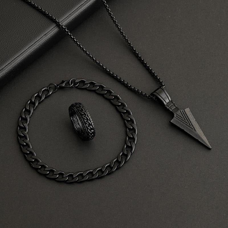 "3-in-1 Black Stainless Steel Jewelry Set for Men – Arrow Pendant Necklace, Chain Bracelet & Ring"