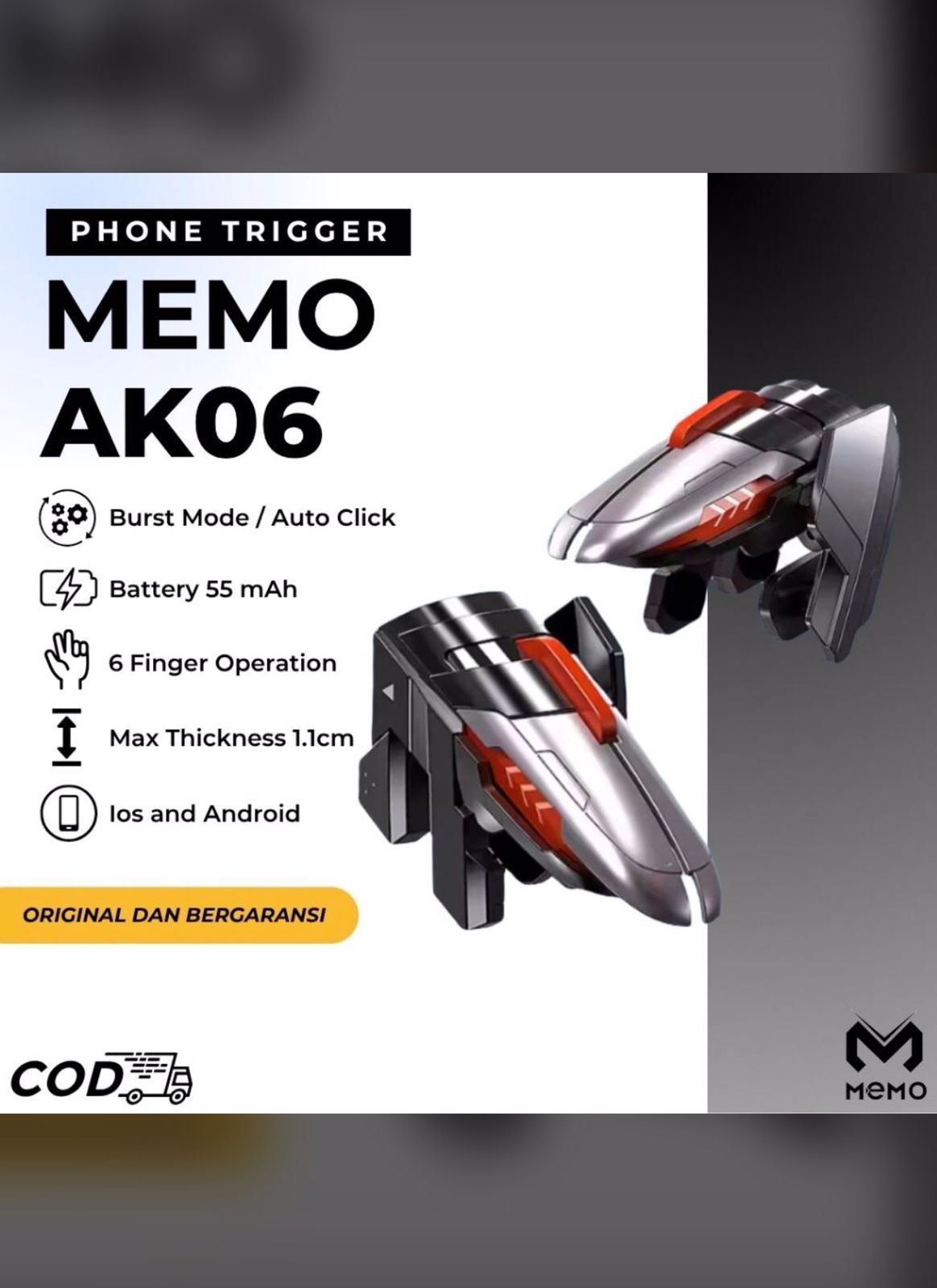 AK06 Original Memo Electronic Gaming Triggers | Burst Fire PUBG Mobile Trigger | 6 Finger Game Controller | Sensitive Shoot & Aim Buttons