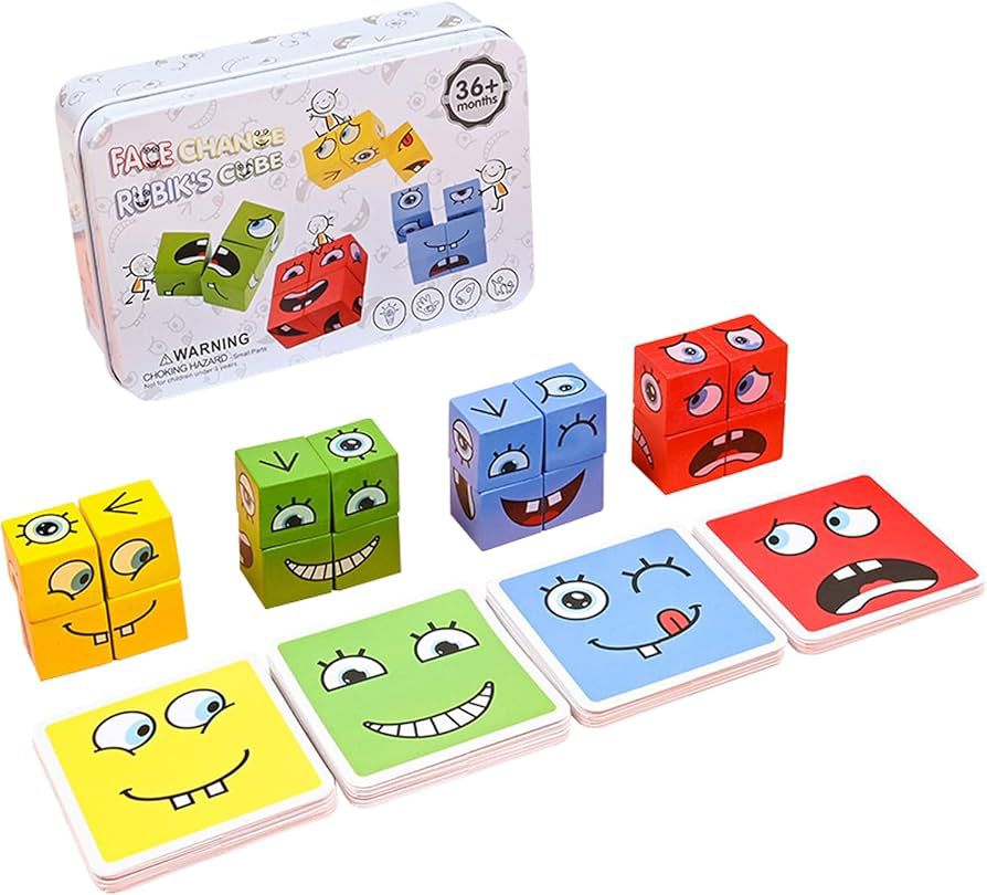Wooden Expressions Matching Block Puzzles, Puzzle Building Cubes Blocks,Educational Puzzles Toy Board Games