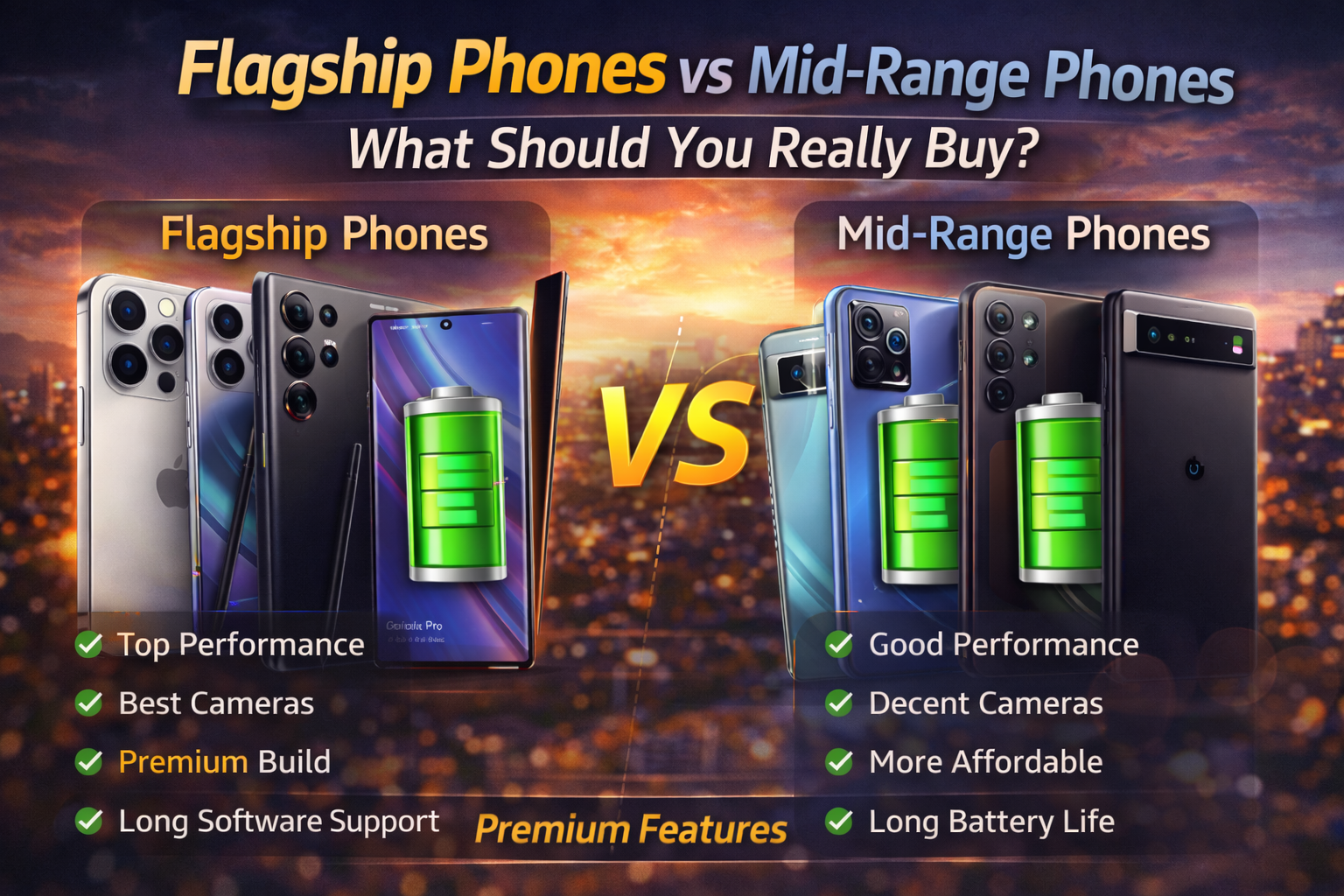 Infographic comparing flagship smartphones with mid range phones including price performance cameras and battery life