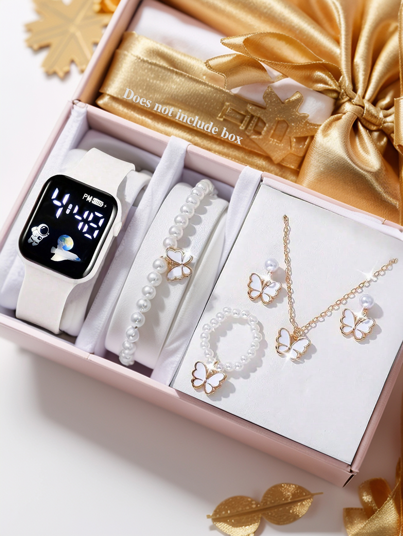 Square Electronic Watch Set with Beaded Butterfly Design and Spaceship Pattern Non-smartwatch Birthday  Without Box