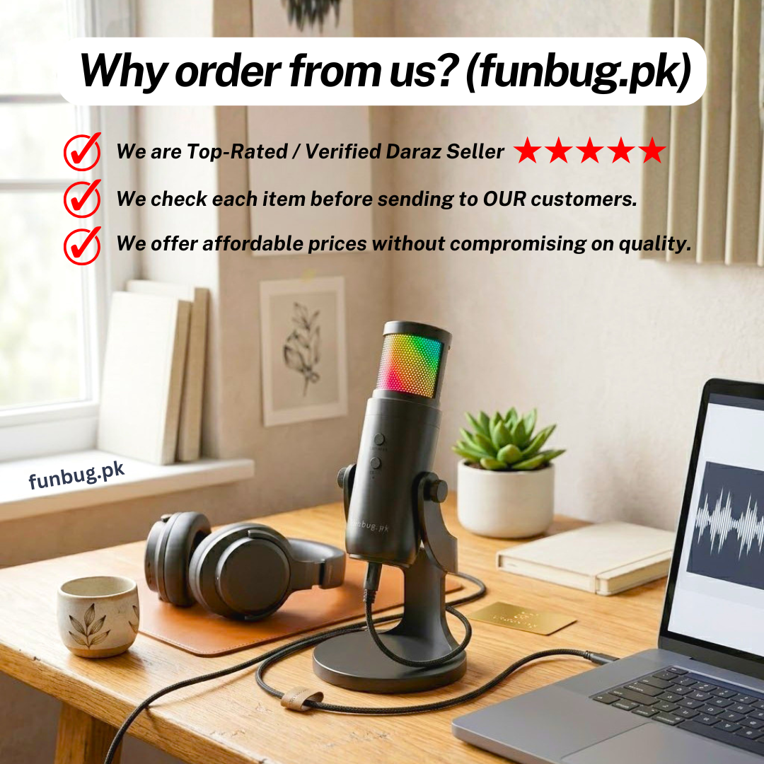 Xtrike-Me Professional Condenser Microphone for Studio Recording - USB Powered Omnidirectional Dynamic Gaming Mic for Mobile, PC, Desktop, Podcasting, Live Streaming, Singing, ASMR, Youtube - 12 RGB Lighting Modes - 360° Rotatable Body - XMC03 by FunBug