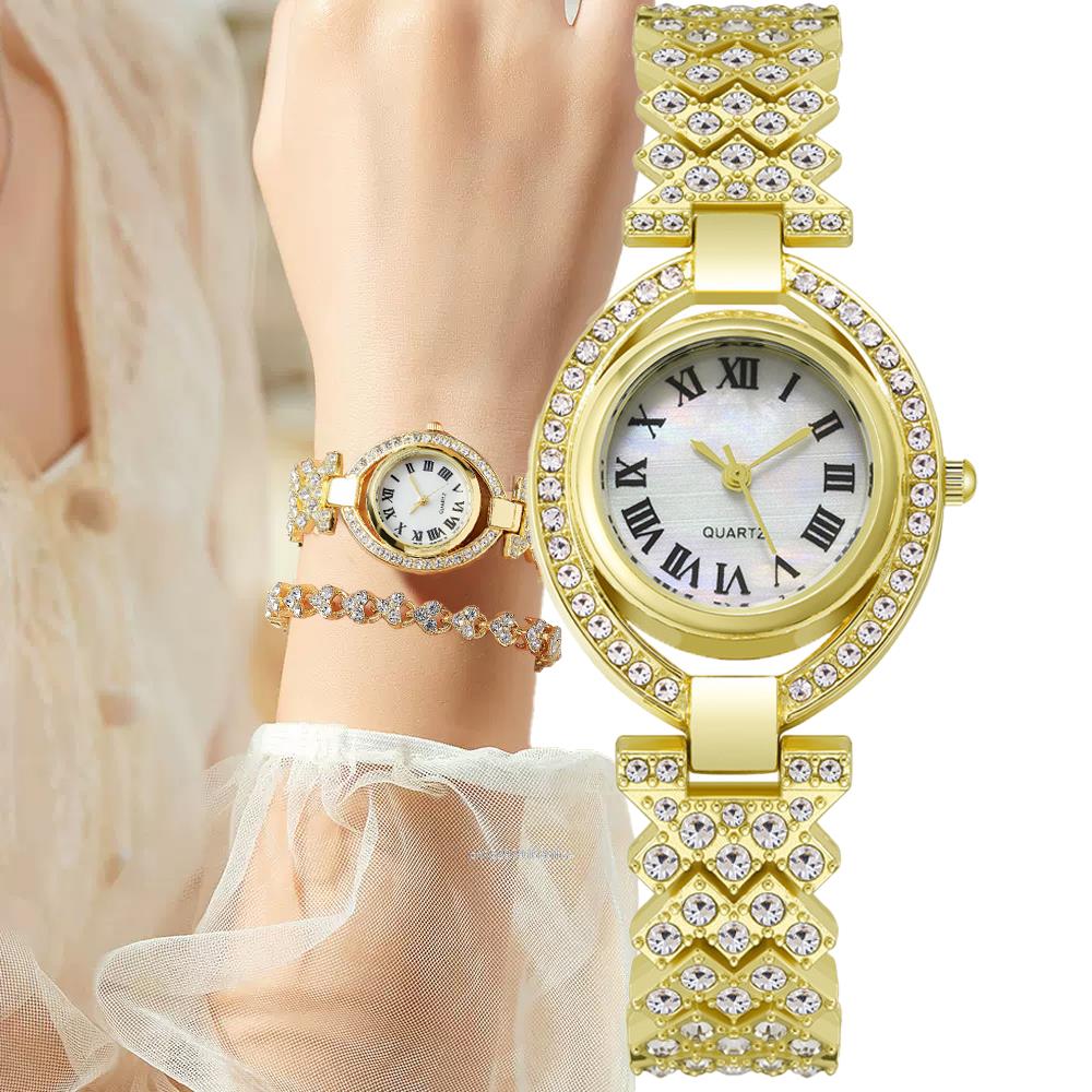 HOT DEALS NO 1 Luxury 2024 Brands Gold Women Quartz Watches Full Diamond Encrusted Seashell Surface Design Fashion Stainless Steel Strap Watch