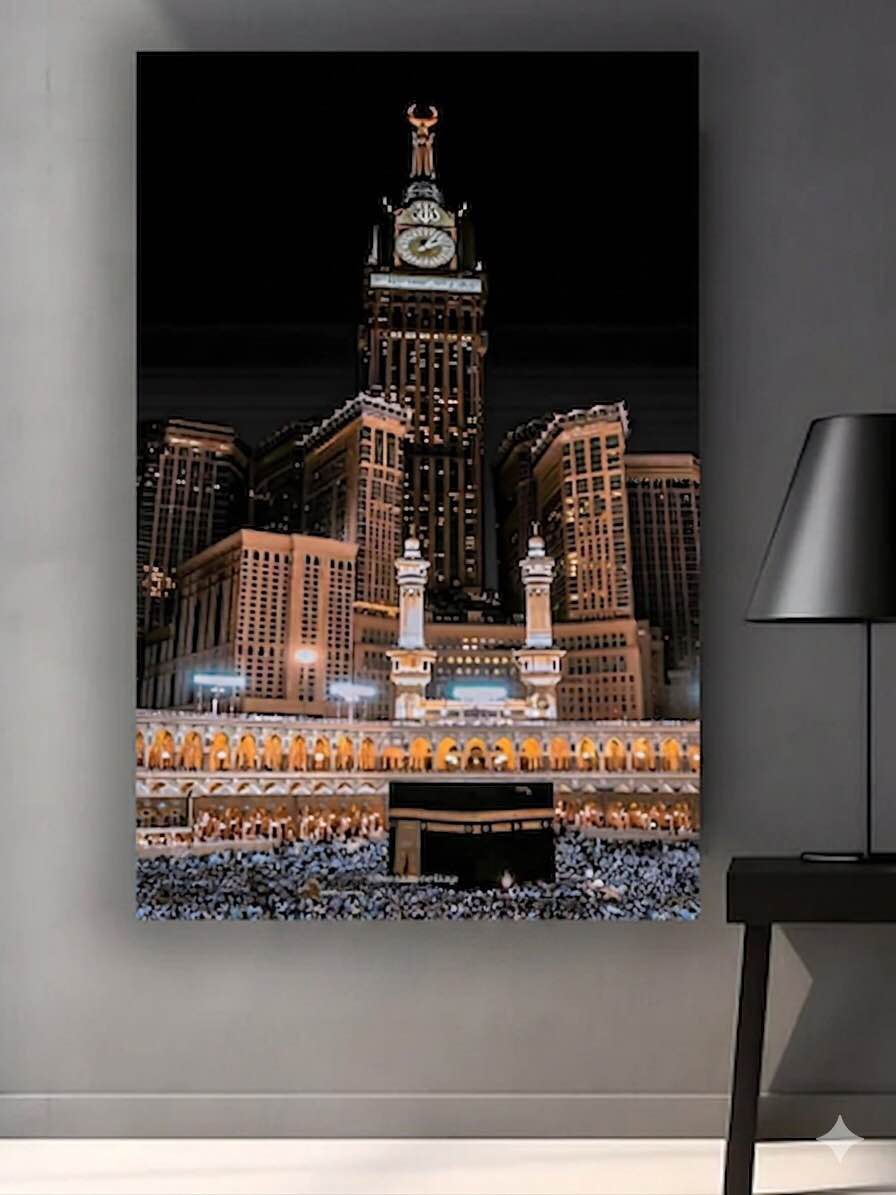 Kaba wall frame for rooms and   Premium Makkah Madina Islamic Wall Art - Kaaba Clock Tower Night View Canvas Painting for Home Decor, Living Room - High Definition Print