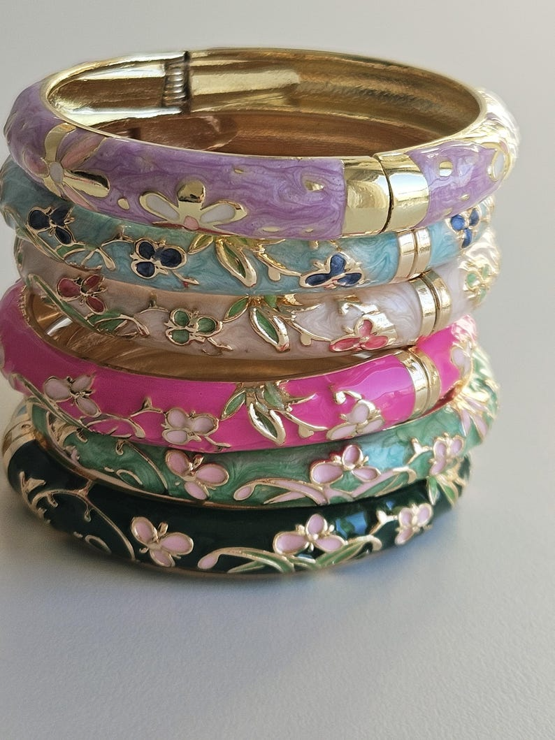 Floral Enamel Hinged Bangle Bracelet | Colorful Flower Bracelet | Vintage Style