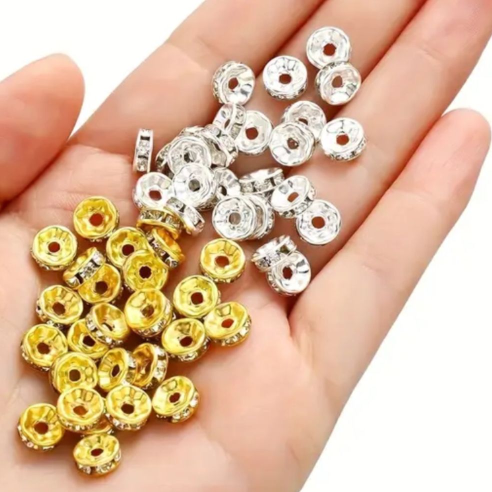 100pcs/50Pcs/25 Pcs6/8mm Rhinestone Rondelle Spacer Round Spacer Beads, Charm Beads For Making Jewelry Decorative Beads with Artificial Crystal Inlay for DIY Jewelry Making, Bracelet and Necklace Beading Accessories