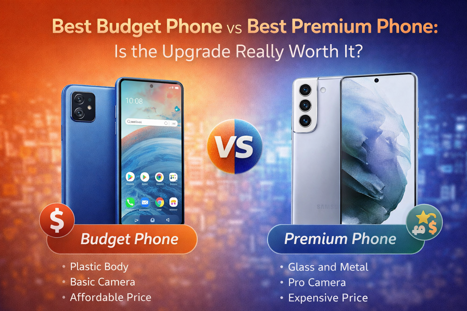 Budget vs premium smartphone comparison showing performance camera build quality and price differences between cheap and flagship phones
