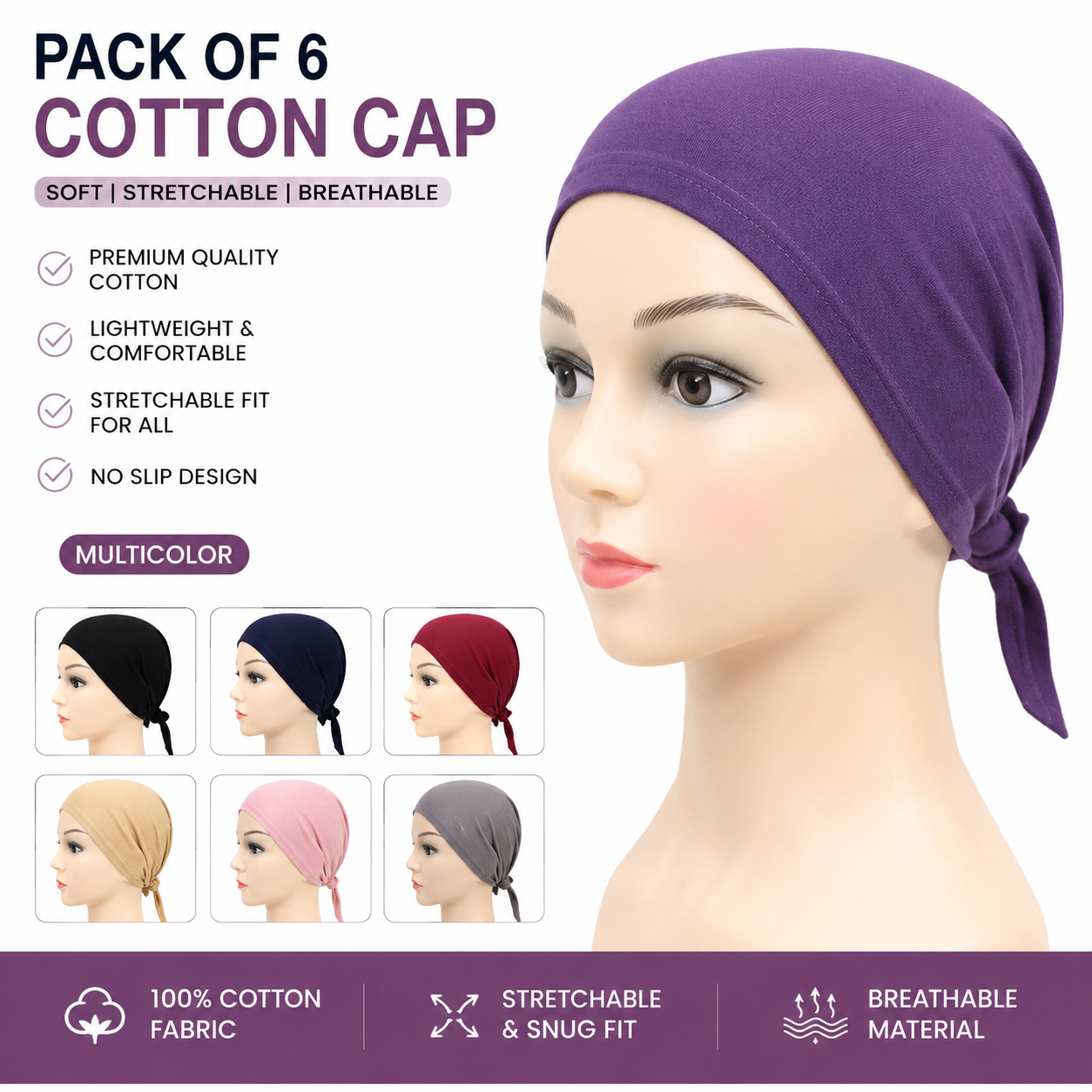 Pack of 6 and pack of 12Under Scarf Hijab Caps for Women cotton cap| Adjustable Hijab Caps with Tie-Back Closure