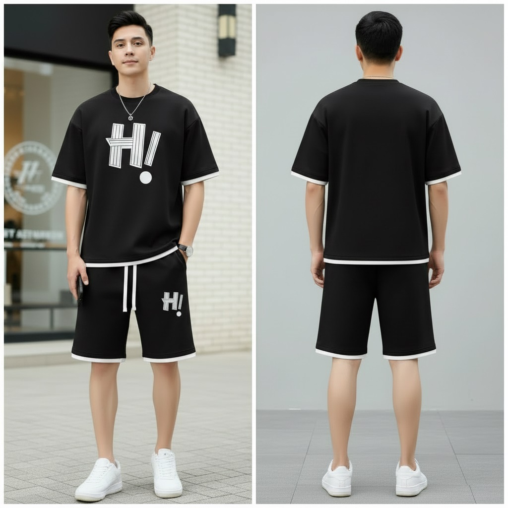 Men's Black Printed Summer Tracksuit Set (T-Shirt & Shorts)