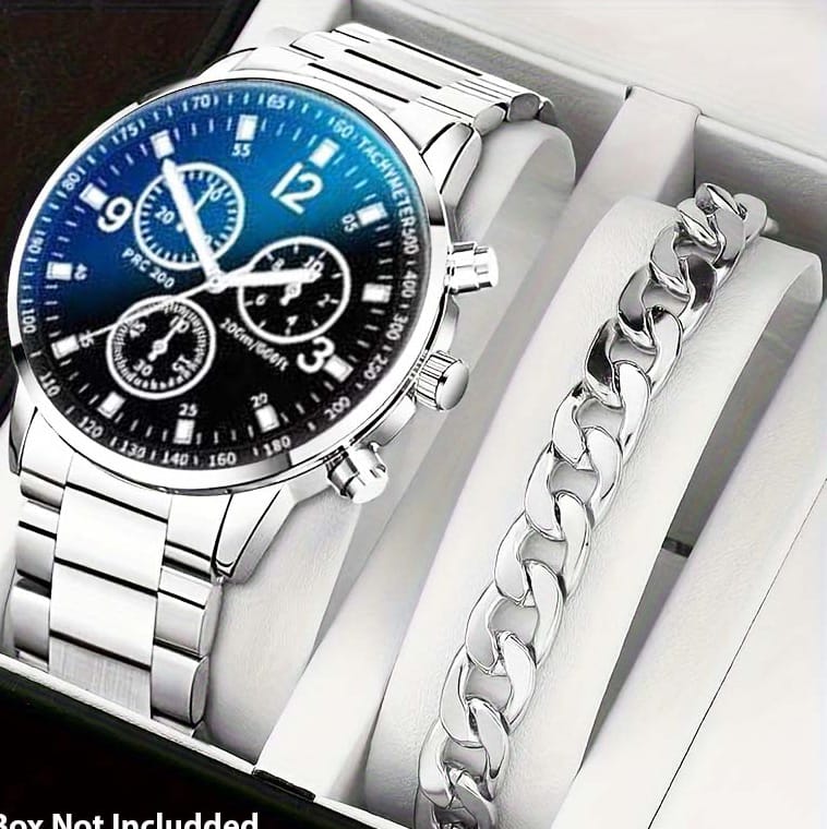 Pack Of 2 Top Fashion Men's Luxury Watches Deal   -Elegant Mens Casual Watch +Chain Braclate For Men -High Quality Business Watch  In  Random dial Design