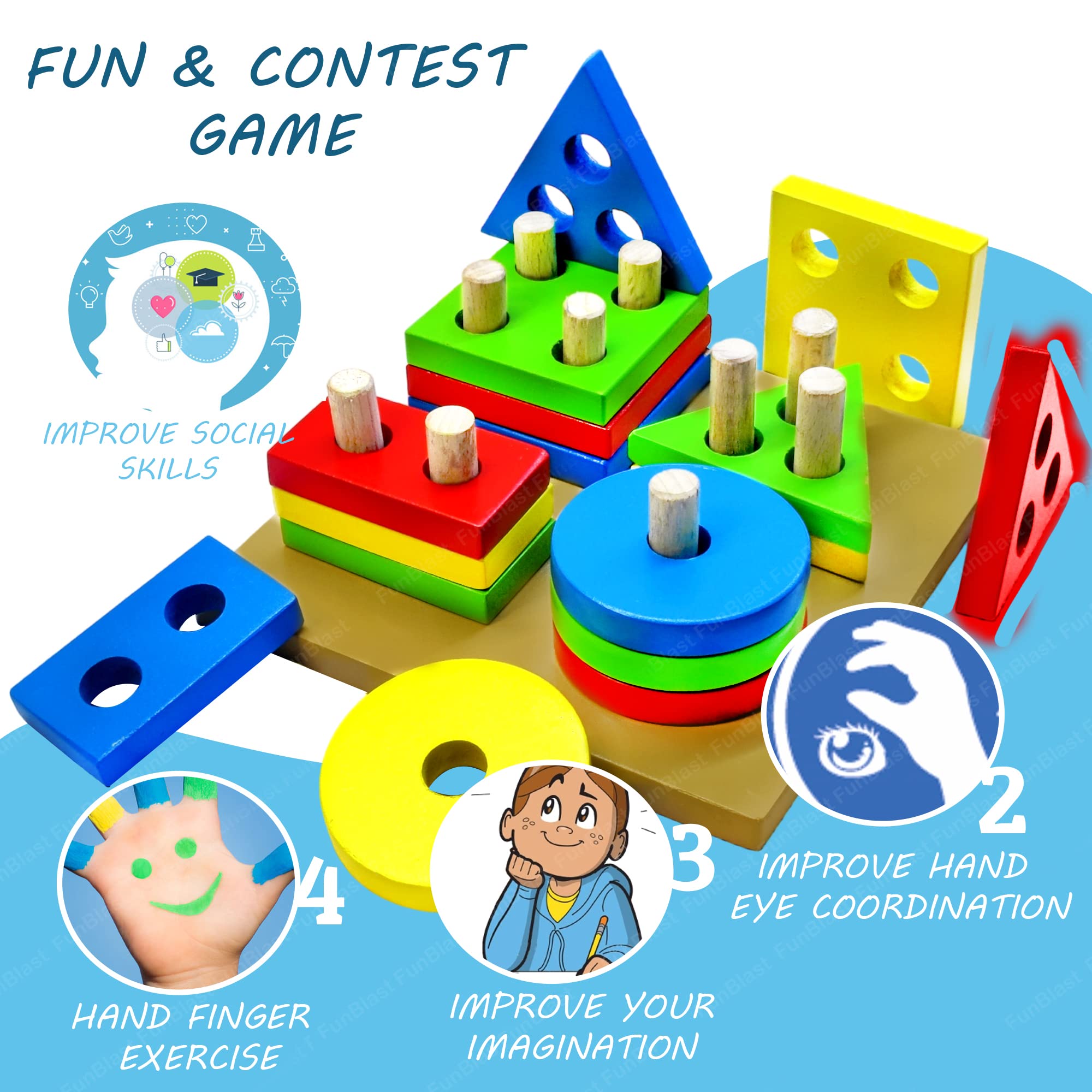 Intellectual Geometric Shape Matching Four Column Blocks Educational & Learning Toys, Wooden Geometric Shape Sorter Puzzle