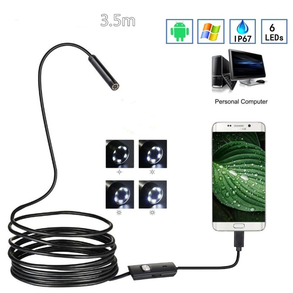 Endoscope Camera HD With 6 LED Soft Cable Waterproof Inspection Borescope For Android PC 3.5M 7mm