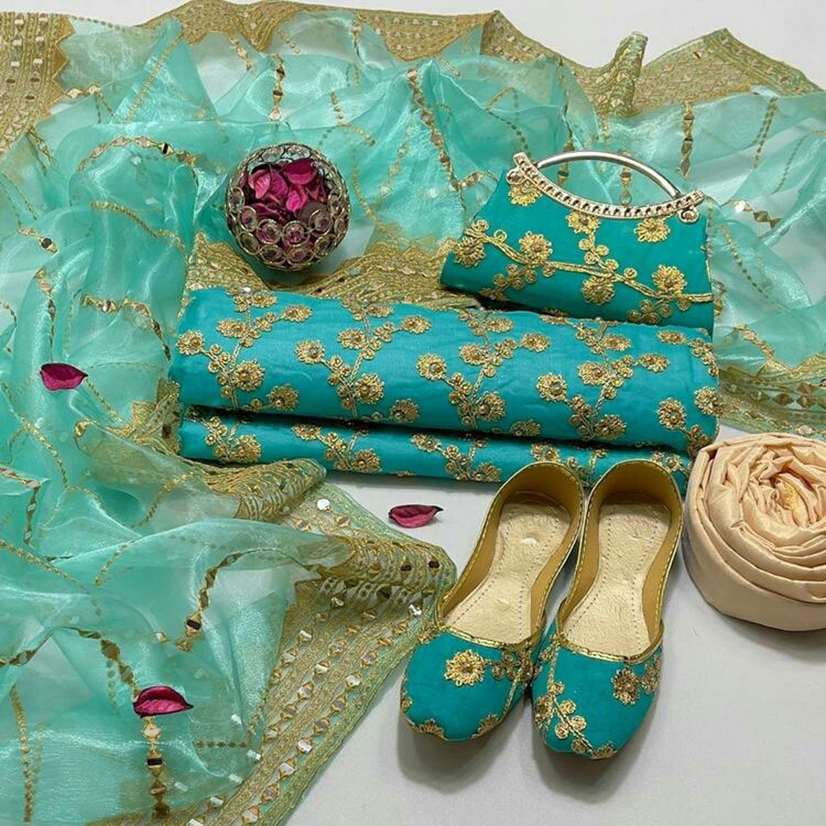 5-Piece Unstitched Wedding Bridal Dress Set for Girls - Sky Blue Aari Embroidered Shirt, Trouser, Dupatta, Khussa, Clutch