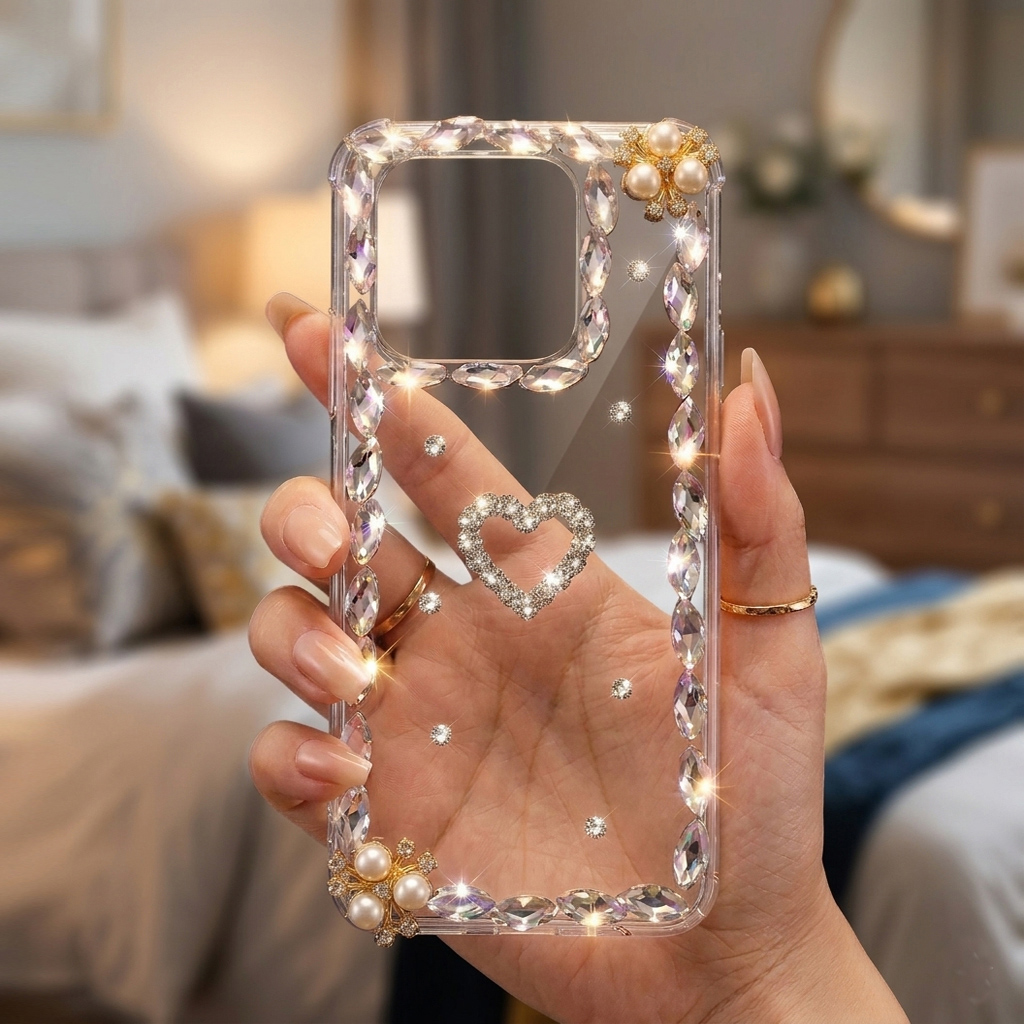 Vivo Y28 Cover for Girls - Ladies Fancy Back Cover  -   StoneHeartCZN - Stylish Fancy Girls Mobile Back Cover Pouch Case - Crystal Stones & Diamond Heart - White - VivoY28