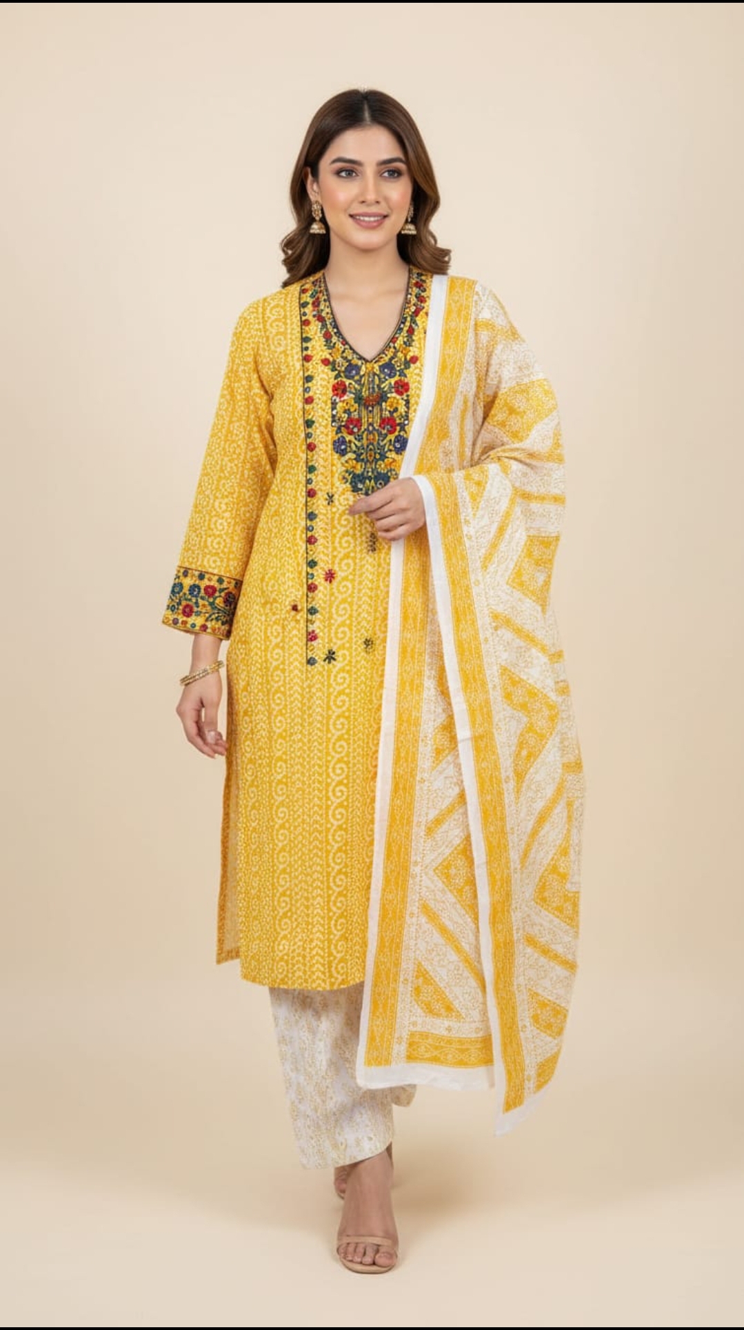 Beautiful Embroidered 3 Piece Unstitched Suit Multicolor Soft Cotton Fabric For Women