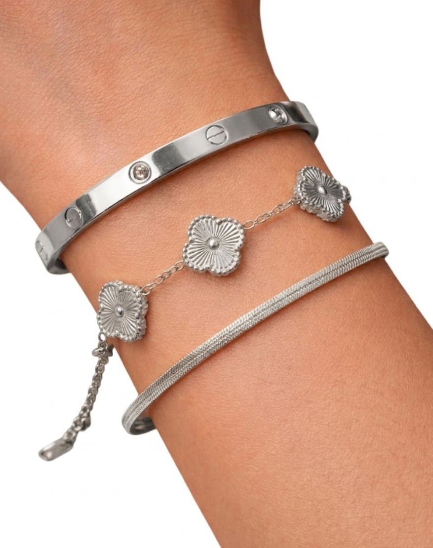 3 Pcs Stainless Steel Bracelet Set for Women – Gold & Silver Variants – Adjustable Chain, Flower Design & Crystal Bangle