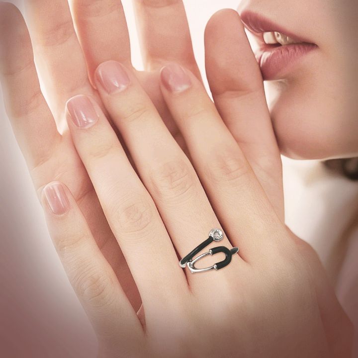 Black Enamel Stethoscope Ring with Crystal for Girls & Women | Doctor Nurse Medical Ring | Luxury Adjustable Fashion Jewelry