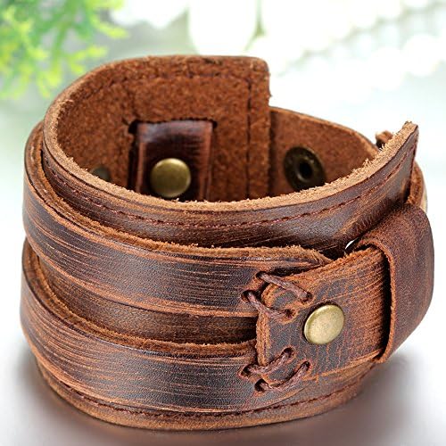 Punk Style Men's Wide Leather Bracelets Cuff Bracelet 23.5cm, Black Brown (