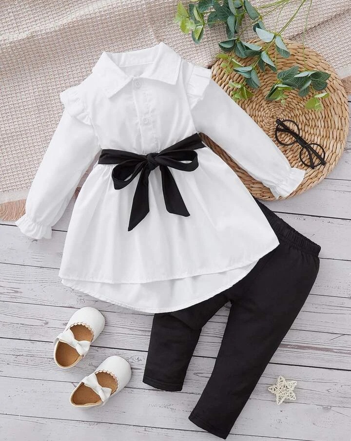 baby girl ruffle trim flounce  sleeves half button blouse  & trouser
