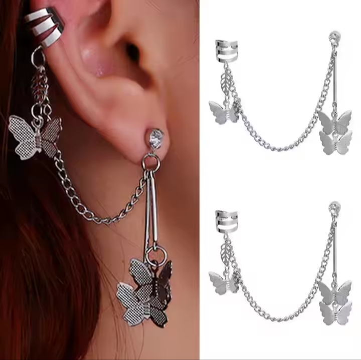 Pair of (2 Pcs) Silver plated Long Chain Butterfly Design Ear Cuffs Earrings for Women and Girls