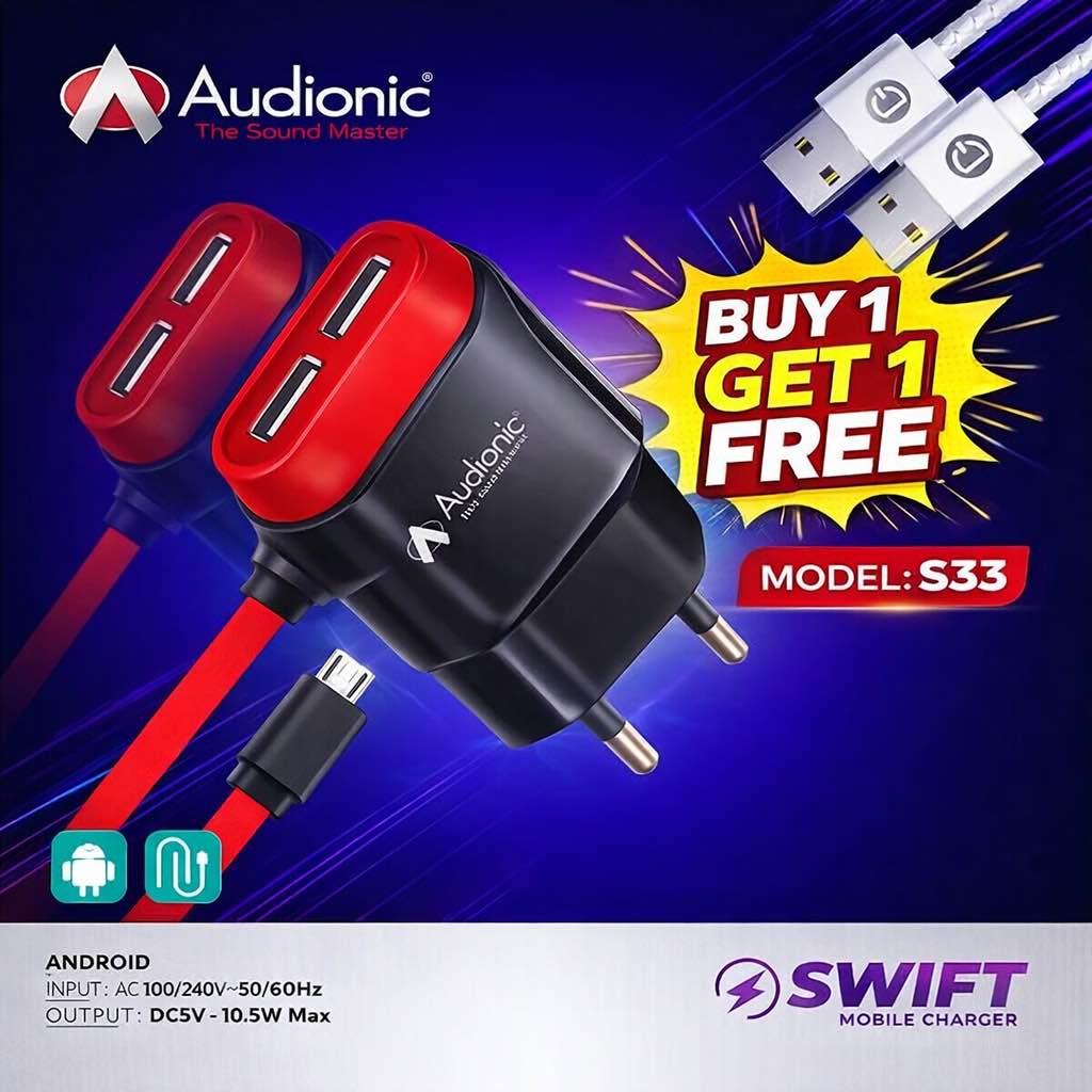 Audionic SWIFT S33 Dual USB Port Mobile Charger - 2.0A Max - With Attached 1M Flat Wire Micro Cable