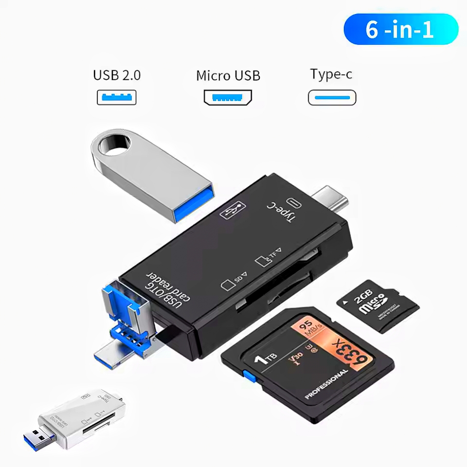 6 in 1 OTG SD Card Reader USB C/Micro/USB Memory Card Reader Camera Viewer, USB 3.0 SD Card Reader Adapter Used for SD-3C SD Micro SD TF SDXC SDHC MMC RS-MMC Micro SDXC Micro SDHC UHS-I