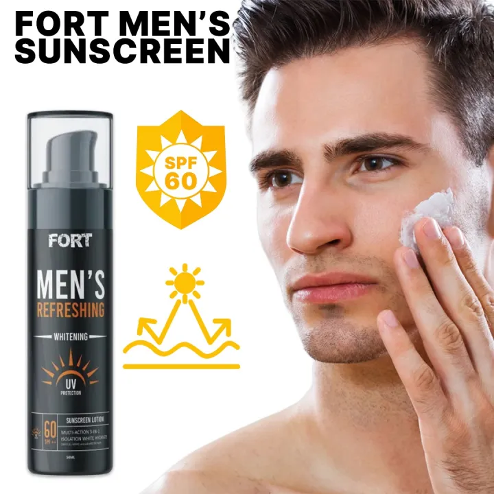 FORT Men Refreshing Whitening Sunscreen Lotion SPF 60 | Broad Spectrum UVA UVB Protection | Lightweight Non Greasy Formula | 50ml