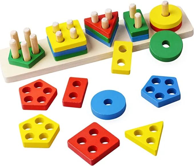 Intellectual Geometric Shape Matching Four Column Blocks Educational & Learning Toys, Wooden Geometric Shape Sorter Puzzle
