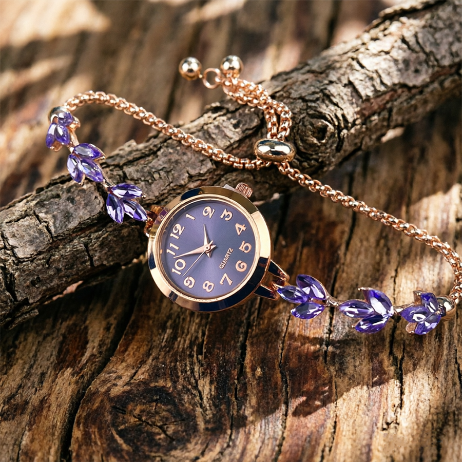 Elegant Purple Three-Leaf Crystal Drawstring Adjustable Bracelet Watch for Women