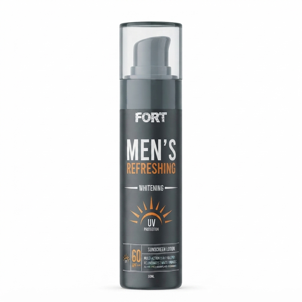 FORT Men Refreshing Whitening Sunscreen Lotion SPF 60 | Broad Spectrum UVA UVB Protection | Lightweight Non Greasy Formula | 50ml
