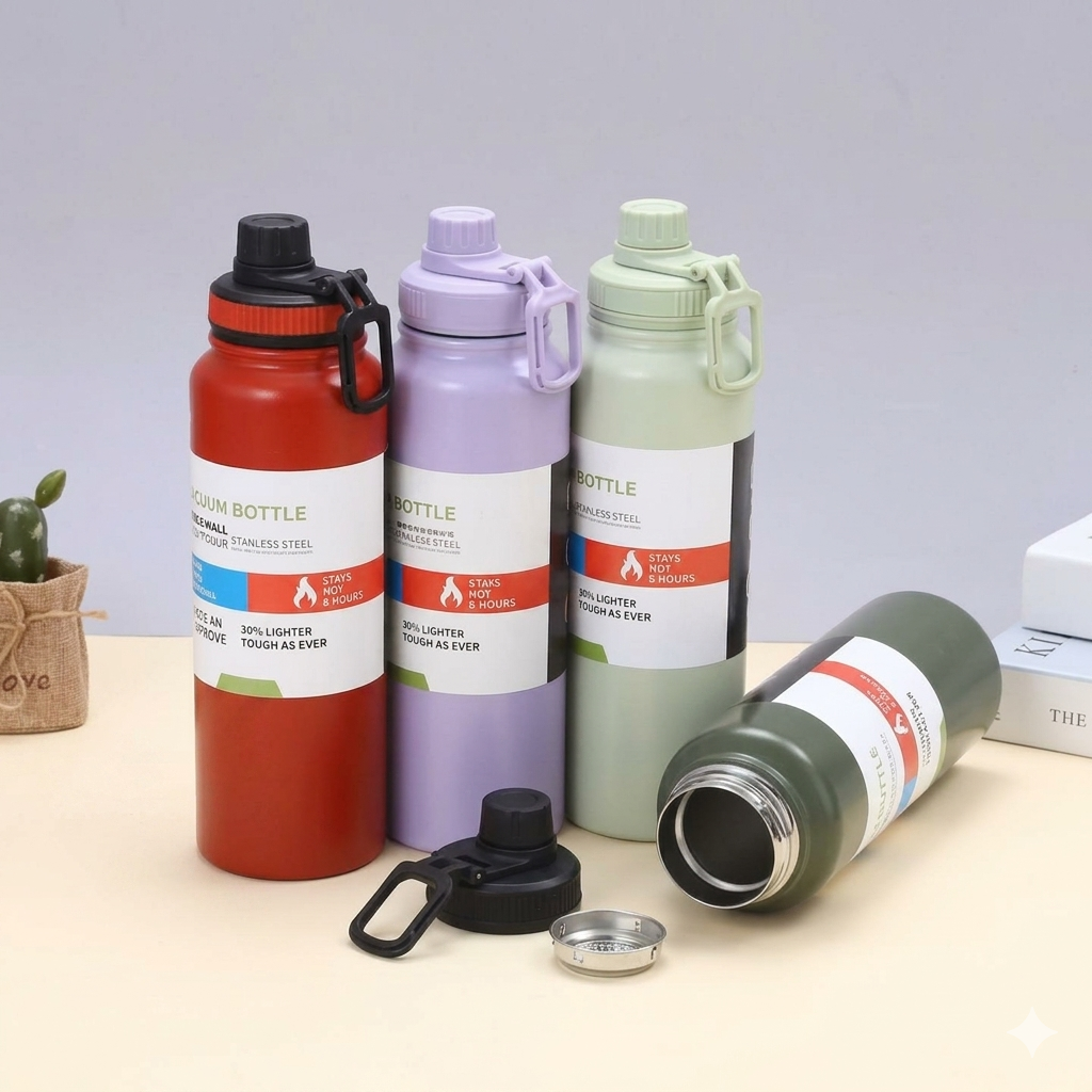 Stainless Steel Double Wall Vacuum Flask Water Bottle – 800ml – Hot & Cold Insulated Sports Bottle for Gym, Outdoor, School, Office Use (Random Color)