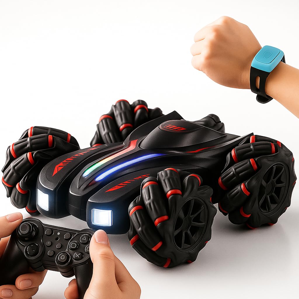 4X4 Wheel Drive Double Sided RC Stunt Toy Car: Drift Toy for Kids & Adult Remote Control Racing 360° RGB Lights Off Road 2 Rechargeable Batteries High Speed Spray Gesture Watch,Black