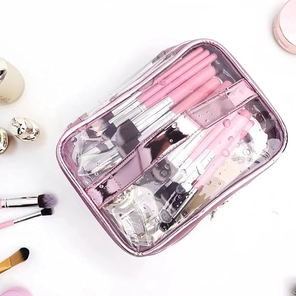 Clear Makeup Bags, Travel Cosmetic Zipper Pouch for Women, Transparent Makeup Organizer Storage Case for MakeUp Brushes, Travel Toiletry Bags for Girls with Portable Handle (Pink (Double Layer))