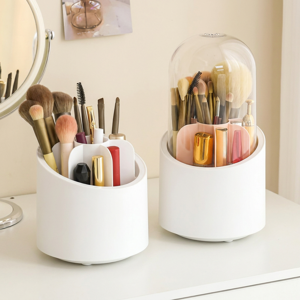 360° Degree Rotating Makeup Brush Holder with Dustproof Lid | Cosmetic Brush Case | Countertop Brushes Holder