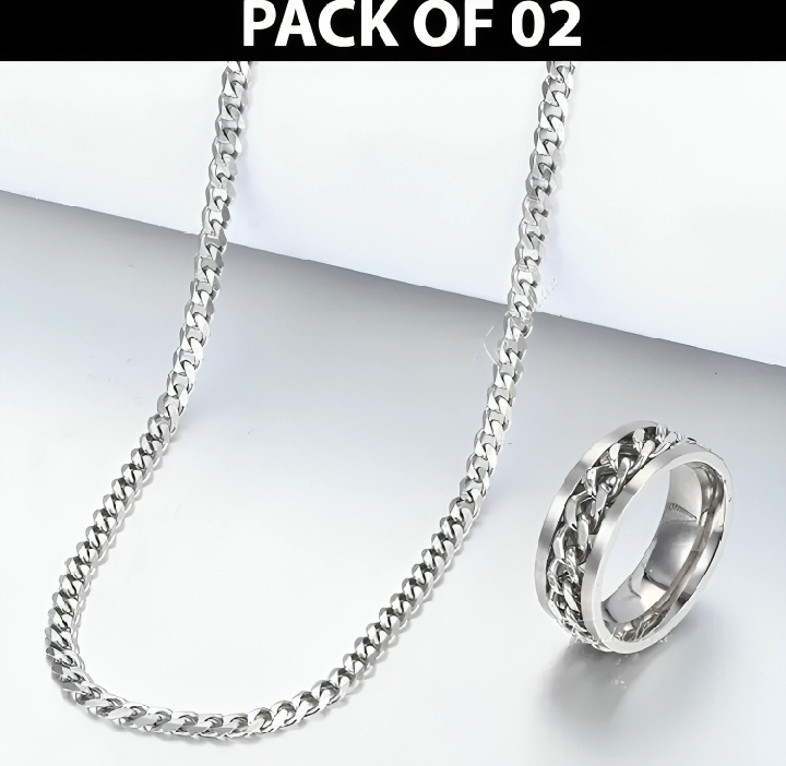 "Pack of 2 - Stainless Steel Chain & Matching Ring Set for Men - Stylish & Durable"