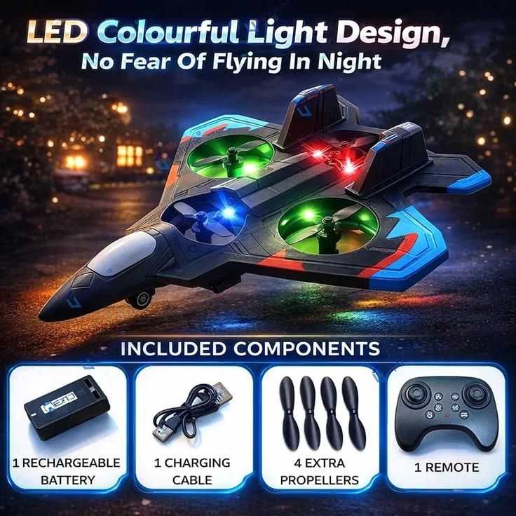 Fighter Jet RC Drone with LED Lights 2.4GHz Remote Control QuadCopter Plane | Rechargeable Foam Aircraft Toy | Long Range RC Airplane for Kids & Adults
