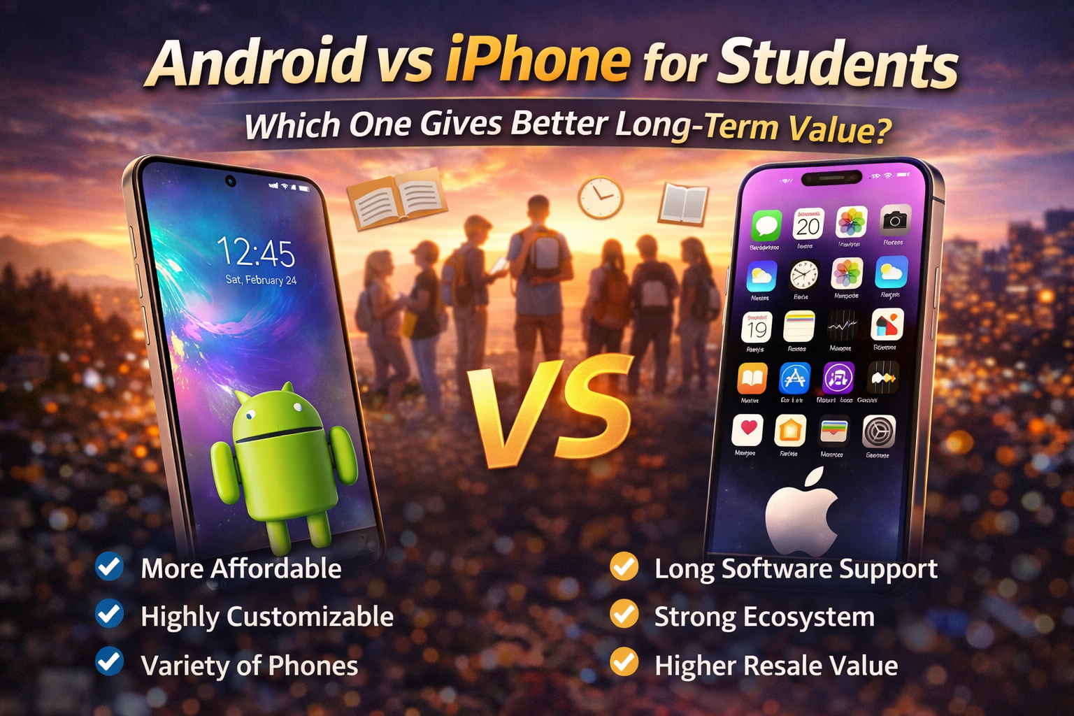 Infographic comparing Android and iPhone phones for students including cost software updates ecosystem and resale value