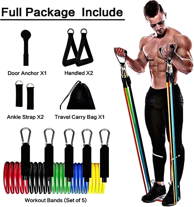 11 PCS Latex Resistance Band Set for Yoga Pilates & Abs - Home Gym Fitness Workout Equipment with Door Anchor & Ankle Straps - Heavy Duty Elastic Pull Rope Chest Expander - Tummy Trimmer for Weight Loss Belly Fat Burner & Stretch