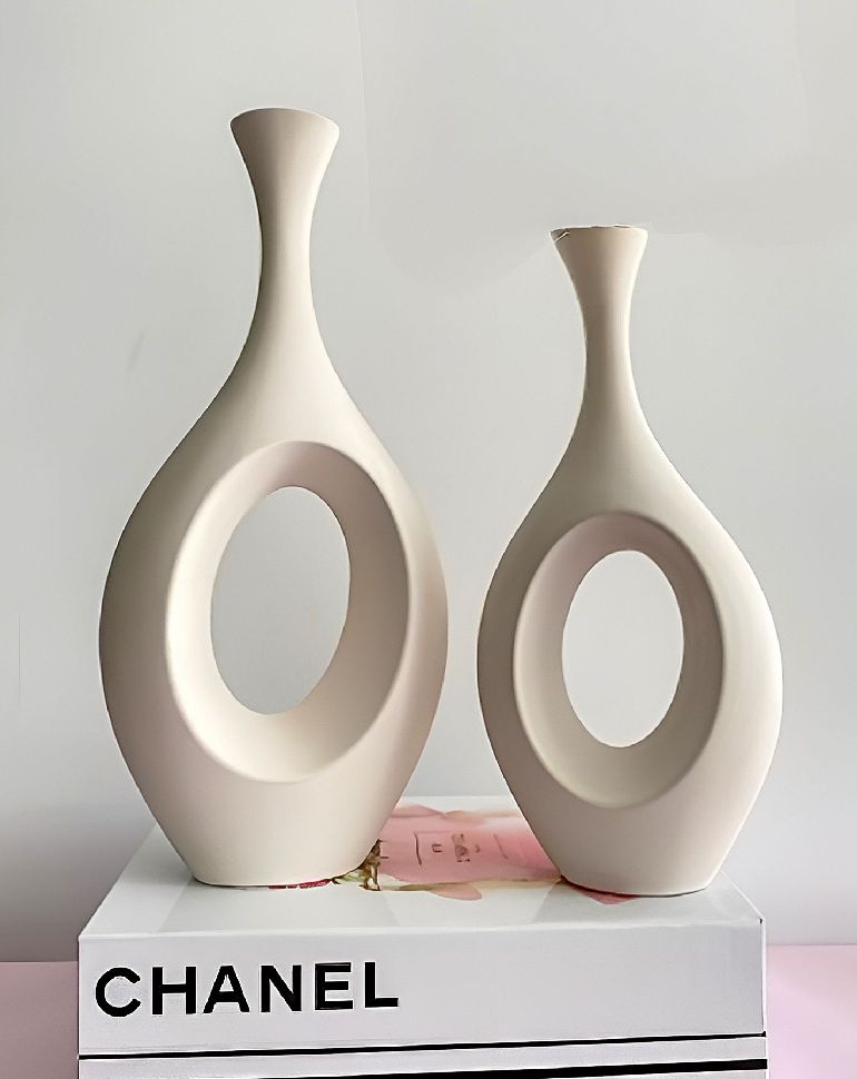 Elegant Modern Geometric Ceramic Vases Set, Home Décor Vessels with Abstract Design, 13/14 inches