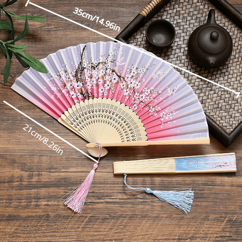 1Pc Vintage Silk Folding Fan Retro Chinese Japanese Bamboo Folding Fan Tassel Dance Hand Fan Home Decoration Ornament Craft 