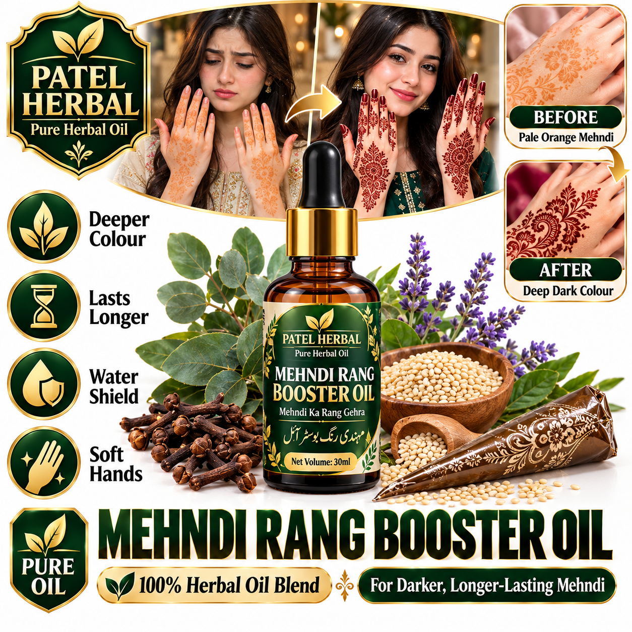 Patel Herbal Mehndi Colour Booster Oil 30ml - Dark Mehndi Colour Oil for Hands and Feet - Henna Stain Darkening Oil - Bridal Mehndi Aftercare Oil - Deep Dark Henna Colour - Mehandi Oil for Wedding and