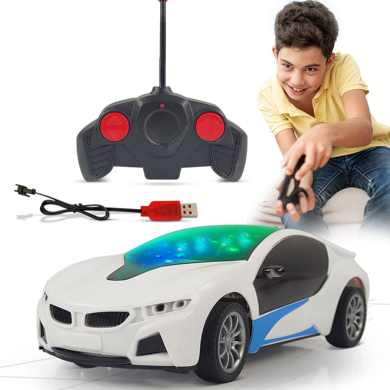 Remote Control Car Chargeable 3D Remote Control Lighting Famous Car Remote Car for Kids 4 Function Racing Car (3+ Years, White)