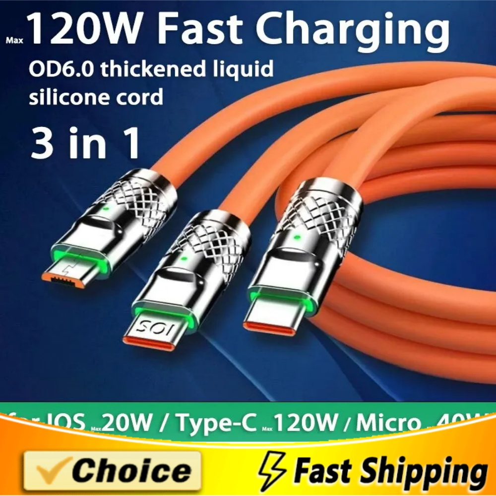 3 In 1 120W Fast Charging Cable – 6A Multi Connector USB Data Cable with LED Night Light