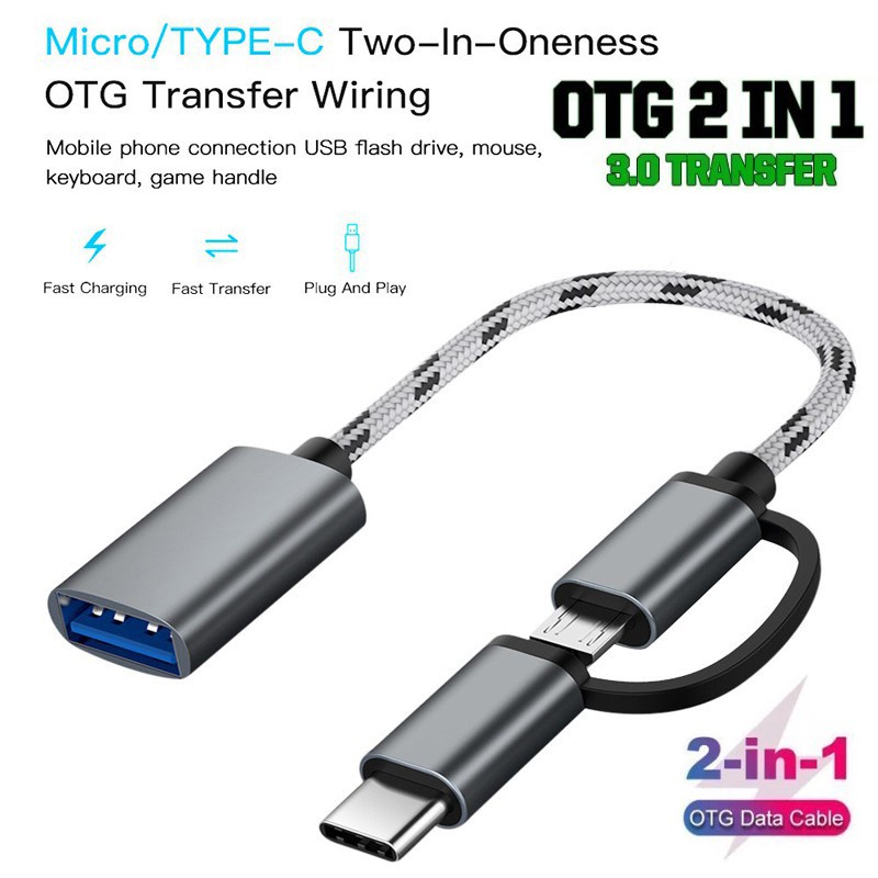 2 in 1 Type C + Micro USB OTG Adapter  Alloy Frame With Frabric Wire