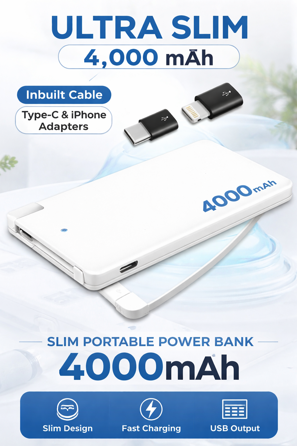 ULTRA SLIM DESIGN – 4000mAh POWER BANK WITH BUILT-IN CABLE price in Pakistan