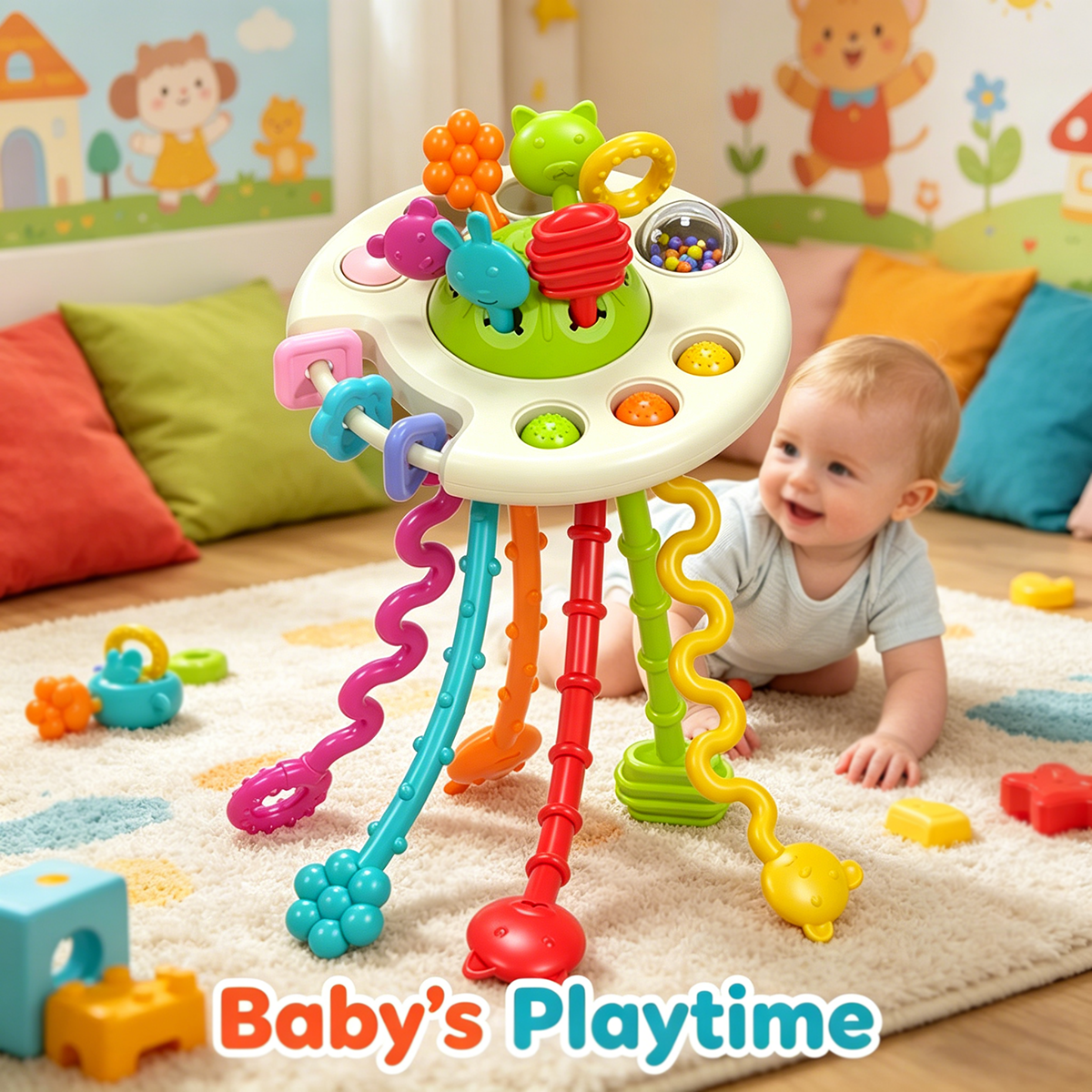 Activity Development Pull String Toys Silicone Teething Rattle Educational Learning Toy Baby Sensory Montessori Toys 